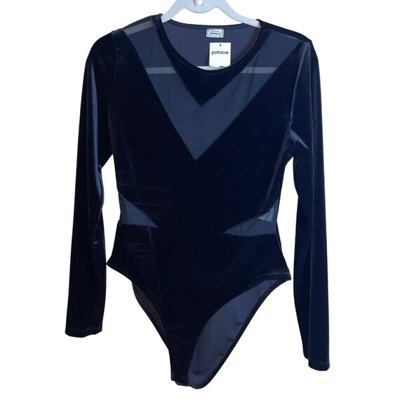 Pimkie Womens Body Suit Size Medium Black Velvet Mesh Stretch Casual New - Picture 8 of 9